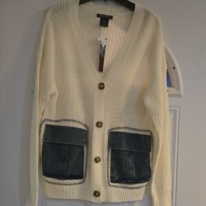 Cream Cardigan with Denim Pockets